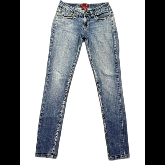 Red Rivet‎ Jeans Women's Blue Light Wash Thick Stitch Skinny Size 5 Flap Pocket - Picture 1 of 15